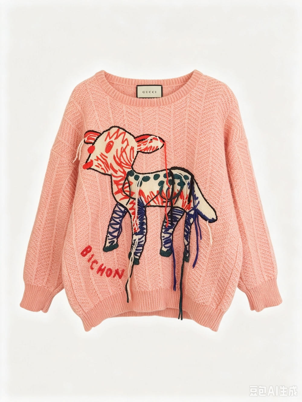 Gucci Pink Embroidered Bichon Wool-Blend Crewneck Sweater